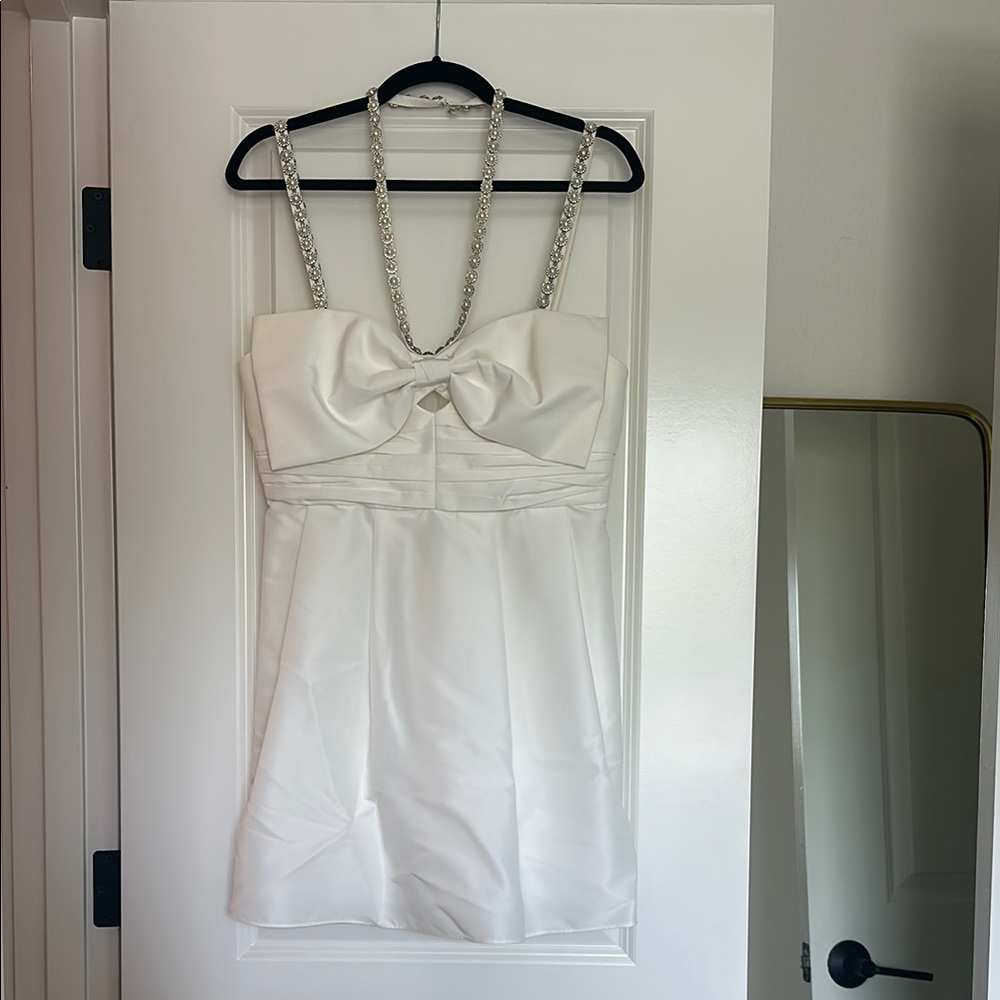 Self-Portrait White Mini Dress with Embellished Straps